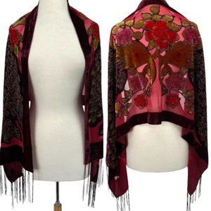Velvet Burnout Floral Peacock Sheer Scarf Wrap Maroon Red Green